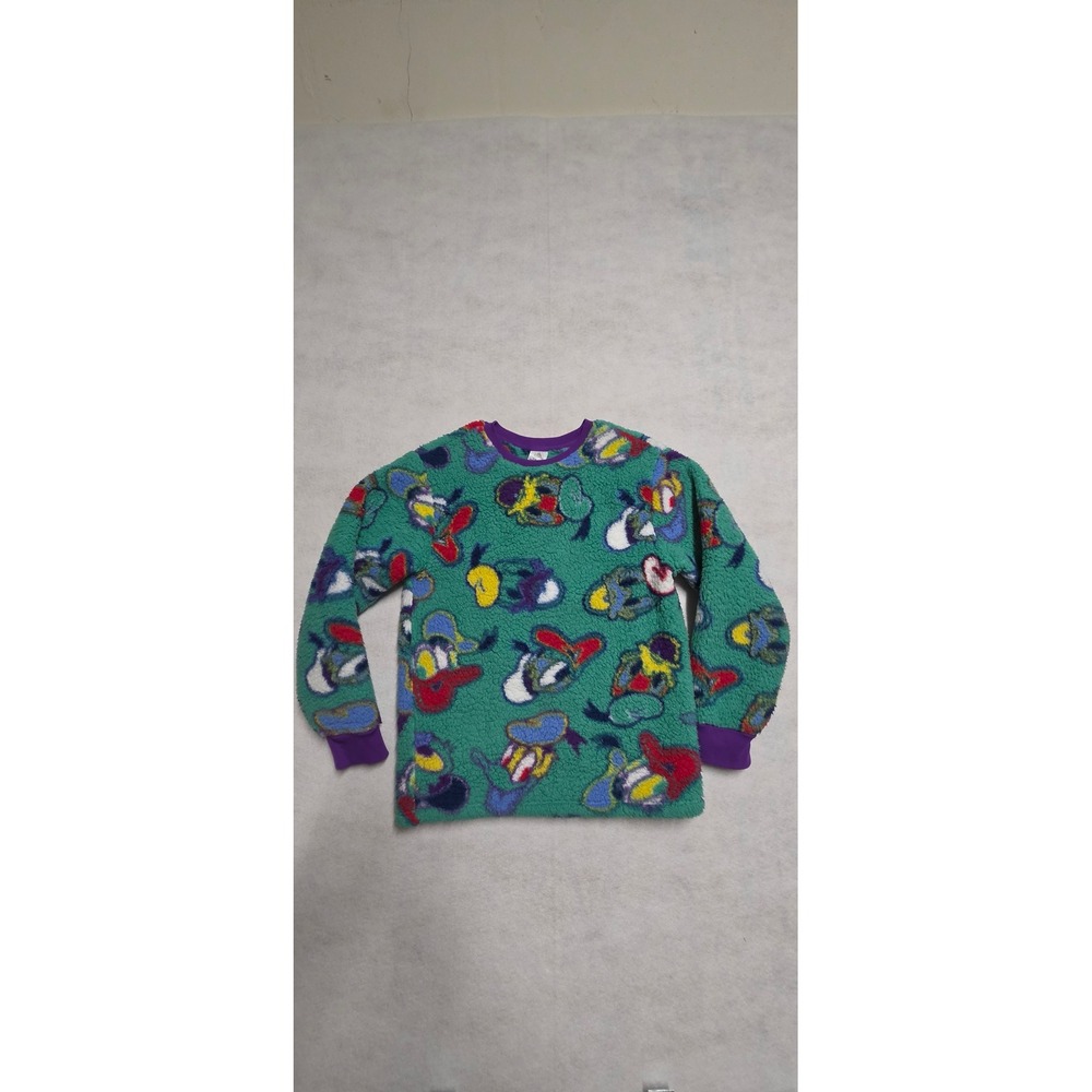 Disney Donald Duck Sherpa Fleece Sweatshirt Size Small Green All Over Print